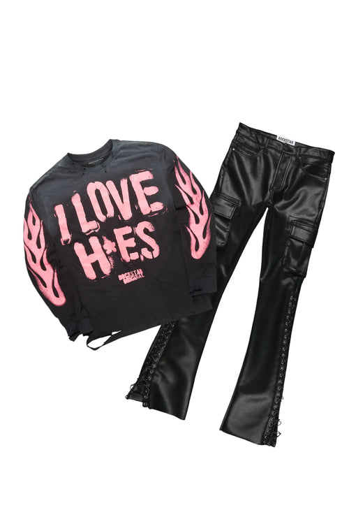 Banyan Black Long Sleeve T-Shirt & Honor Stacked Flare PU Jean Bundle