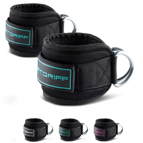 Fitgriff® Ankle Straps V3 for Cable Machine (2 Pieces) - Gym Workout Equipment - Leg Pulley Attachment Kickback Straps (Black/Cyan)